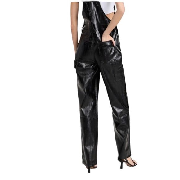 Good American Faux Better Than Leather Black Textured Overalls Straight Leg - Picture 2 of 16